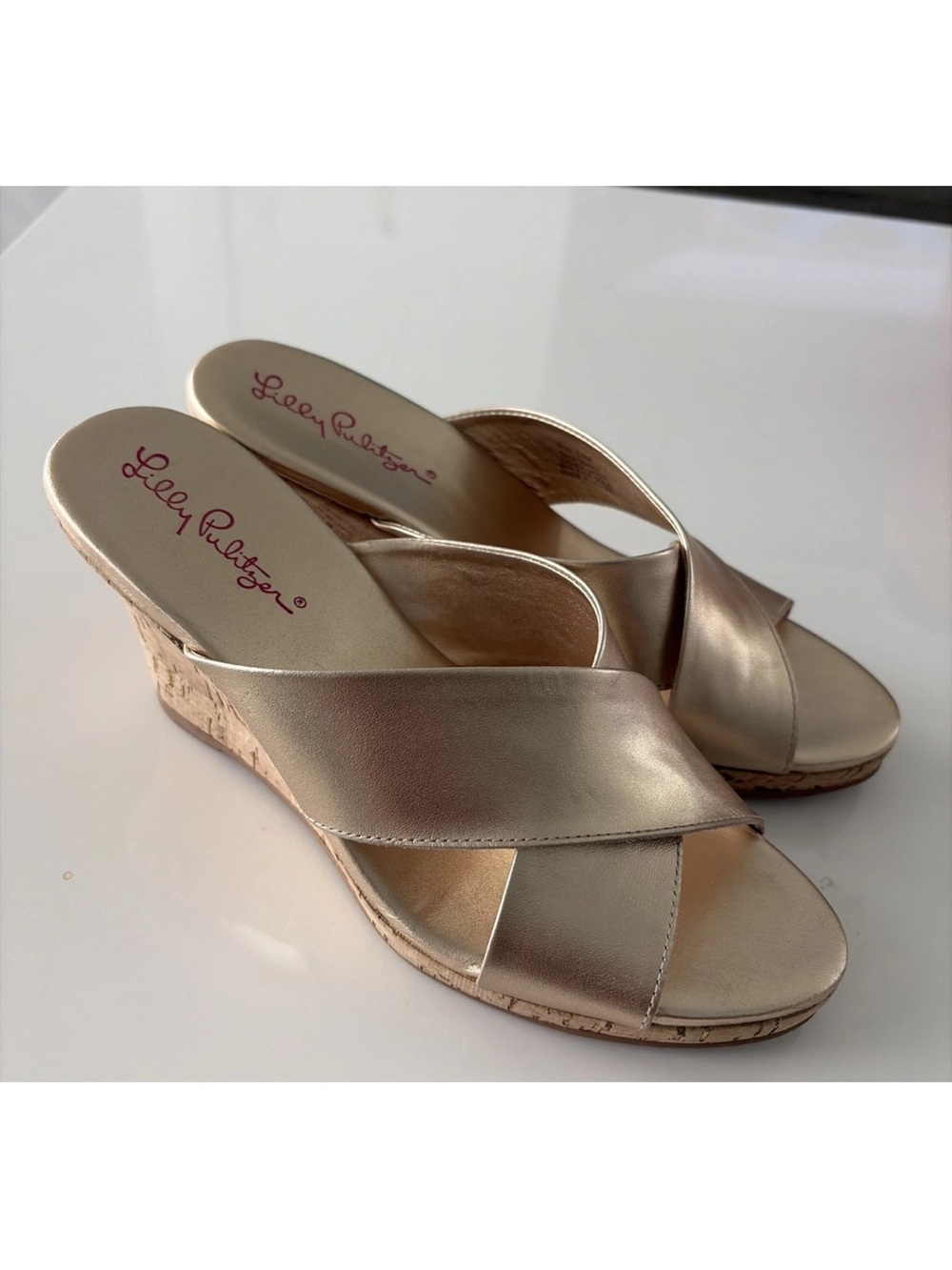 Nice Lilly Pulitzer Metallic Gold Cork-Wedge Slide Sandals
